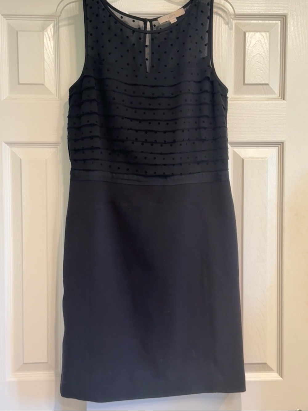 Ann Taylor Loft Sleeveless Black Sheath Dress with Swiss Dot Bodice